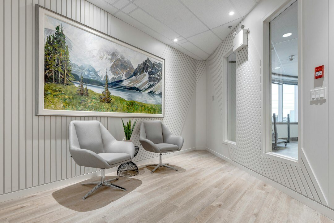 Modern office reception desk of an automotive company with bright interior